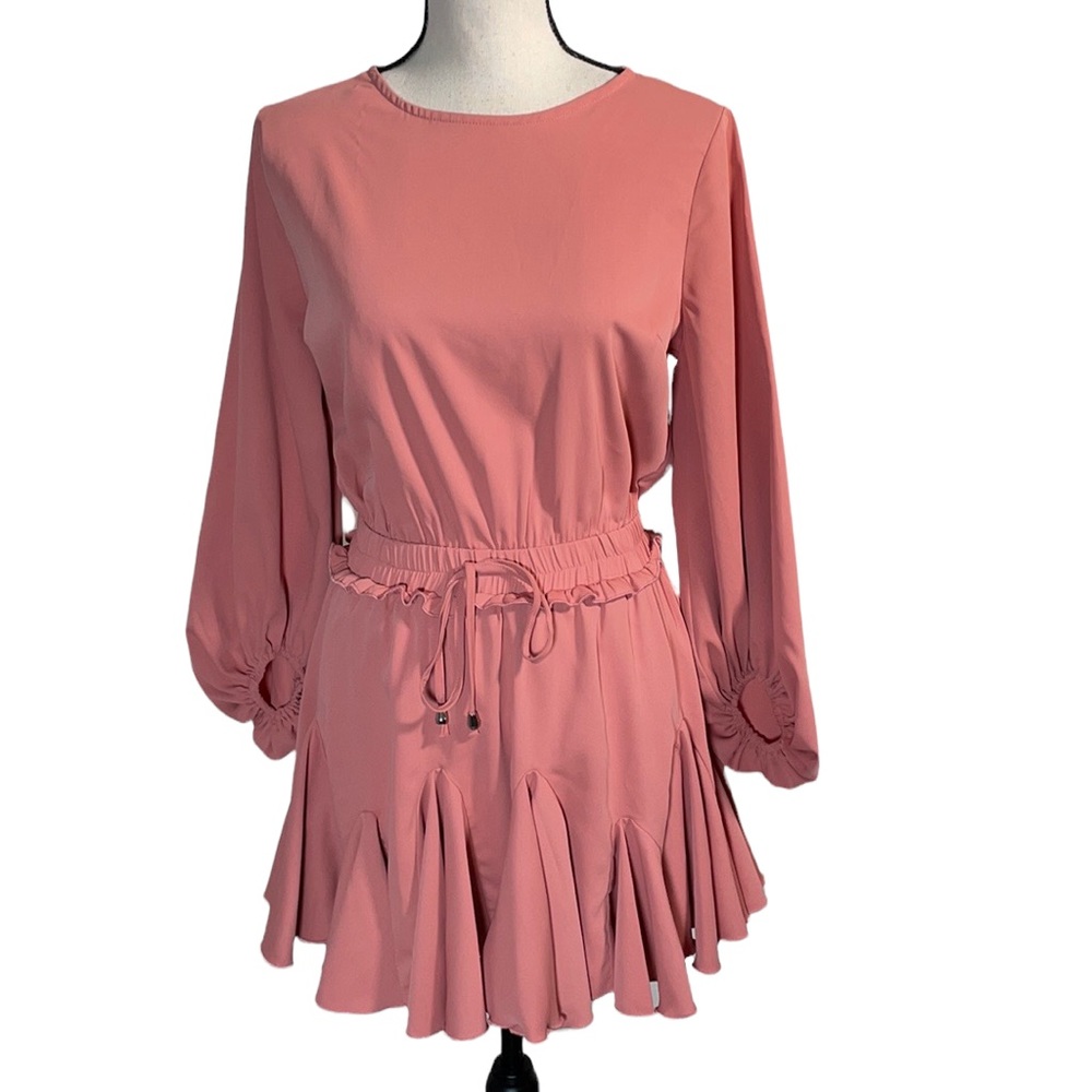 Mainstrip Peach Pink Round Neck Long Sleeve Drawstring Ruffle Mini Dress S